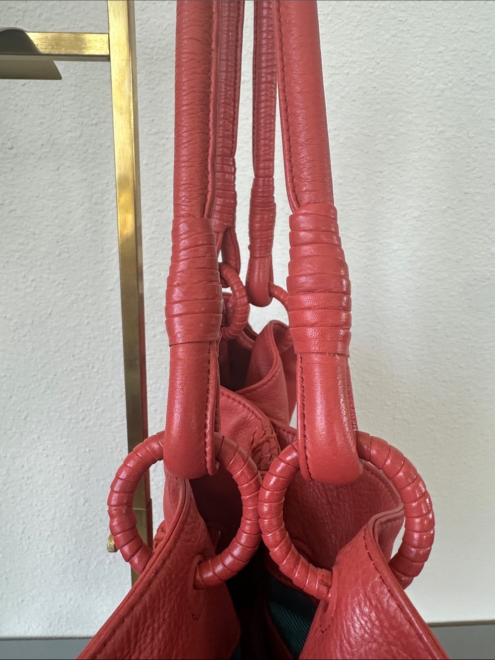 Fiore by Isabella Fiore, Deep coral/orange, 100% Leather Drawstring Tote w/ GHW - Picture 12 of 17